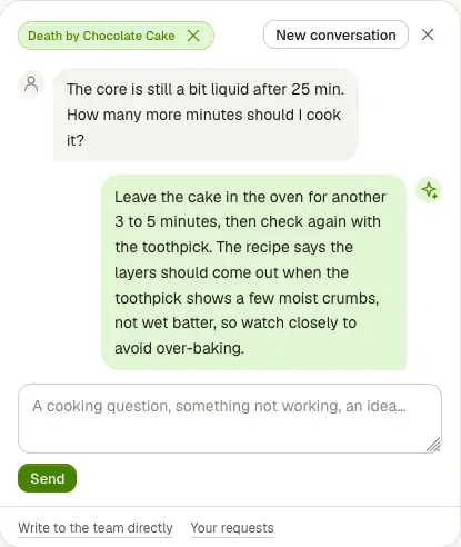 A recipe open on a phone with the assistant over it: “Why is it still raw in the middle?”, and an answer that quotes this recipe’s time and temperature.