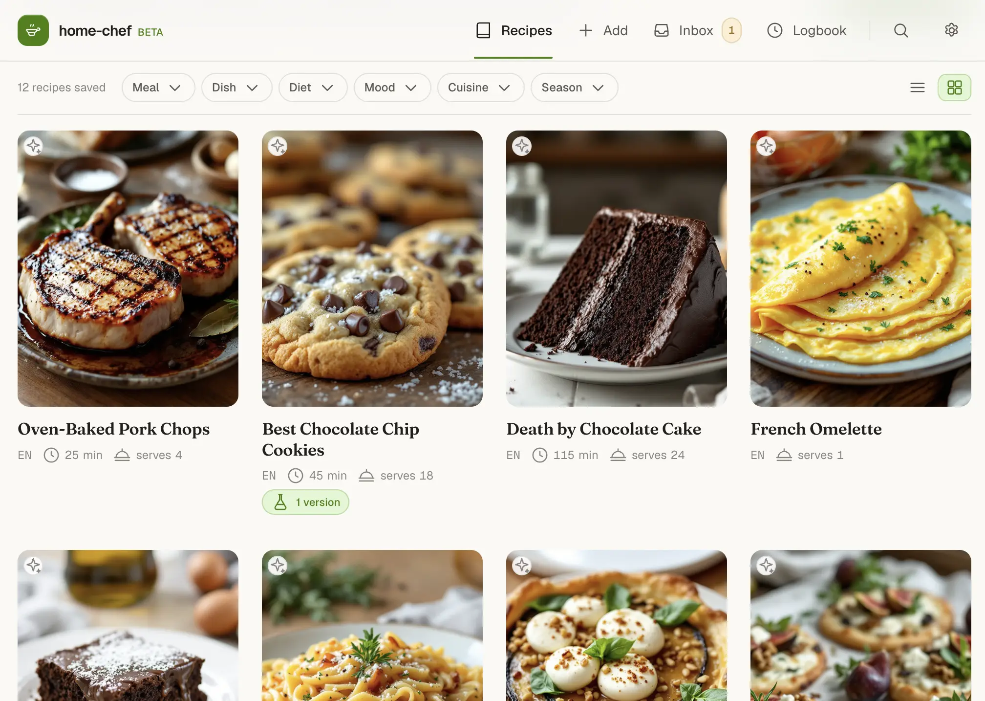 A recipe collection: cherry tomato orzotto, carbonara, a burger, crêpes, each with its photo, cooking time and servings.