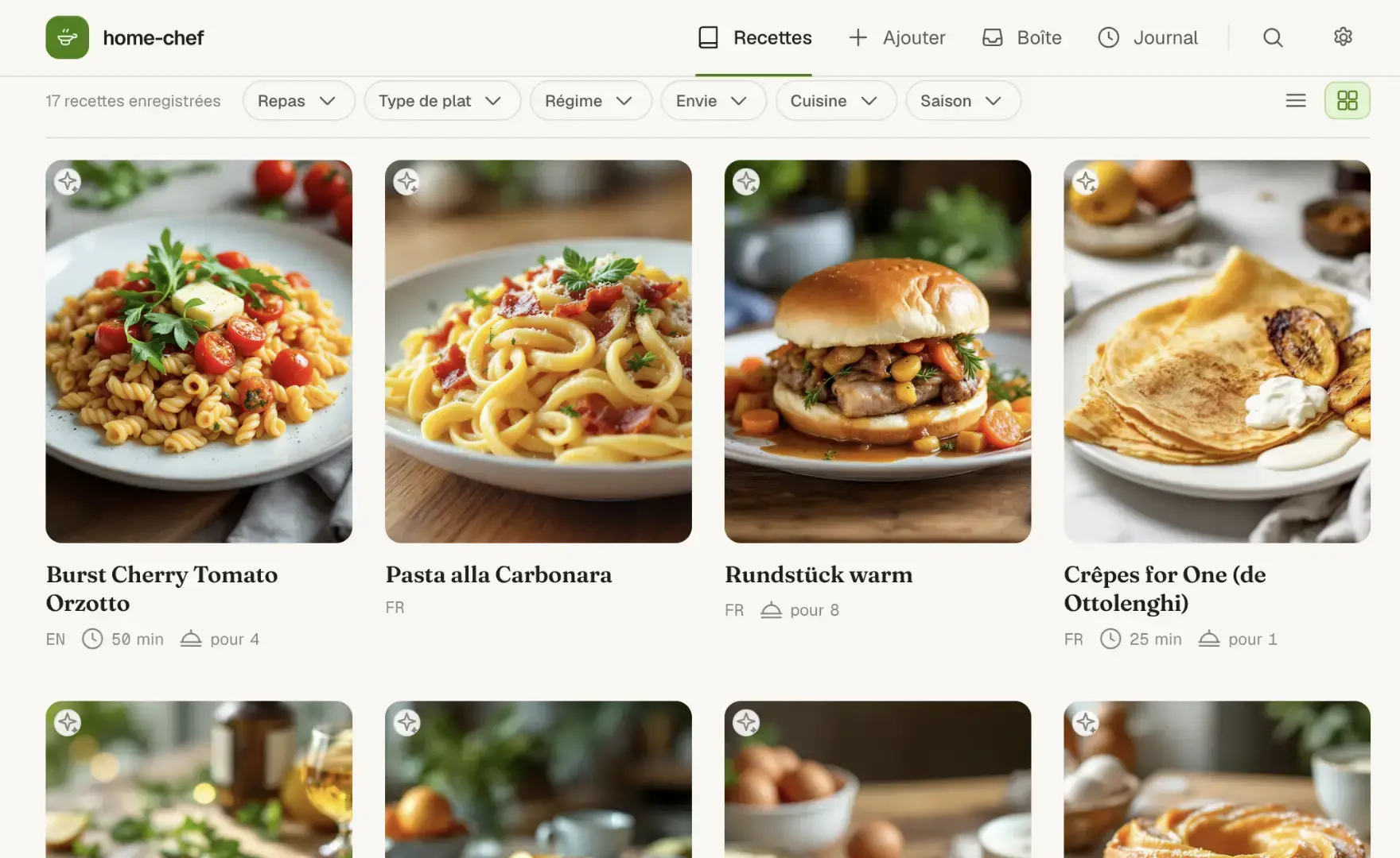 Une collection de recettes : orzotto aux tomates cerises, carbonara, burger, crêpes, chacune avec sa photo, son temps et ses portions.