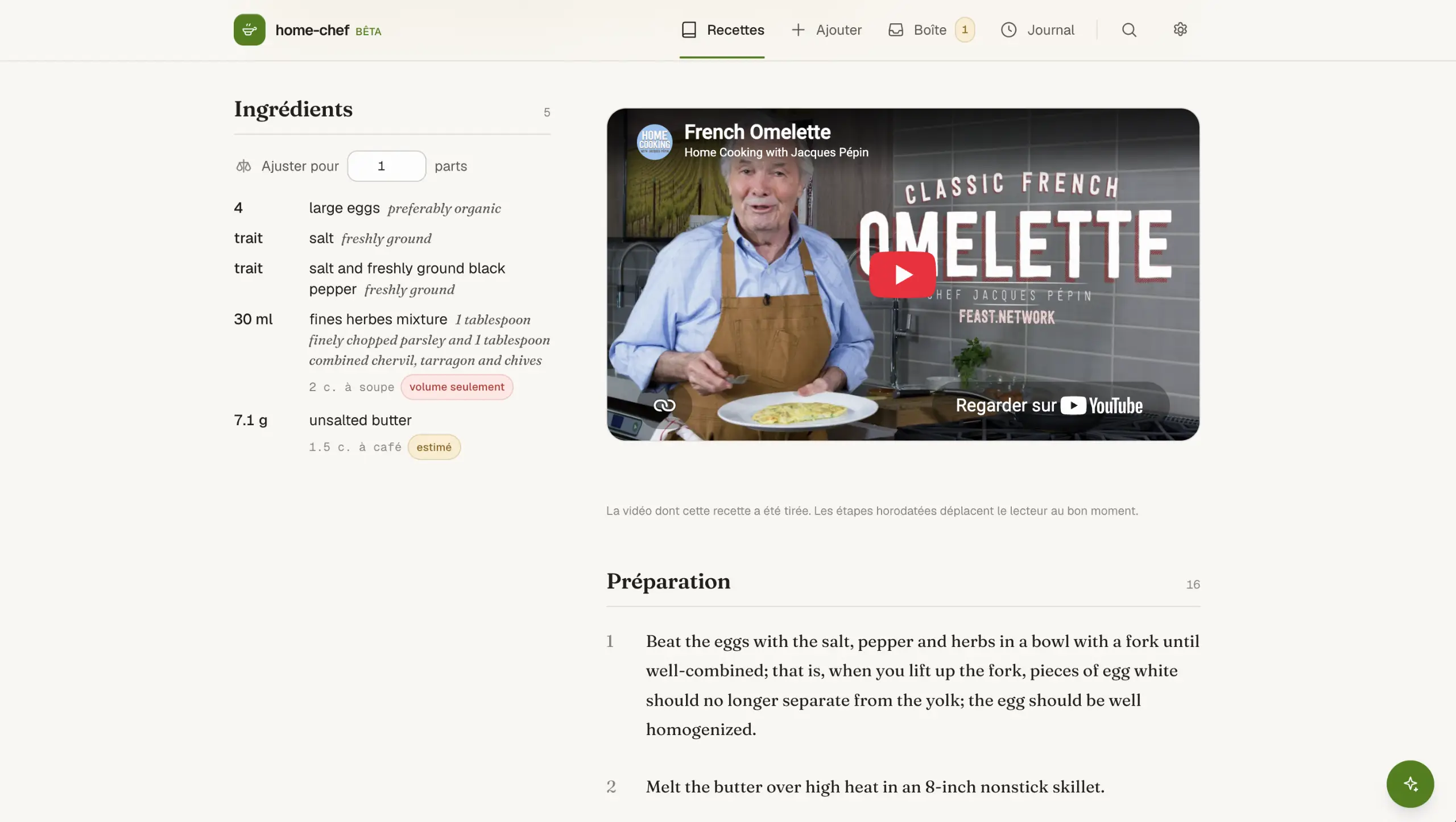 A recipe page imported from a YouTube video, measured in cups on one side, the same recipe in grams and °C on the other.