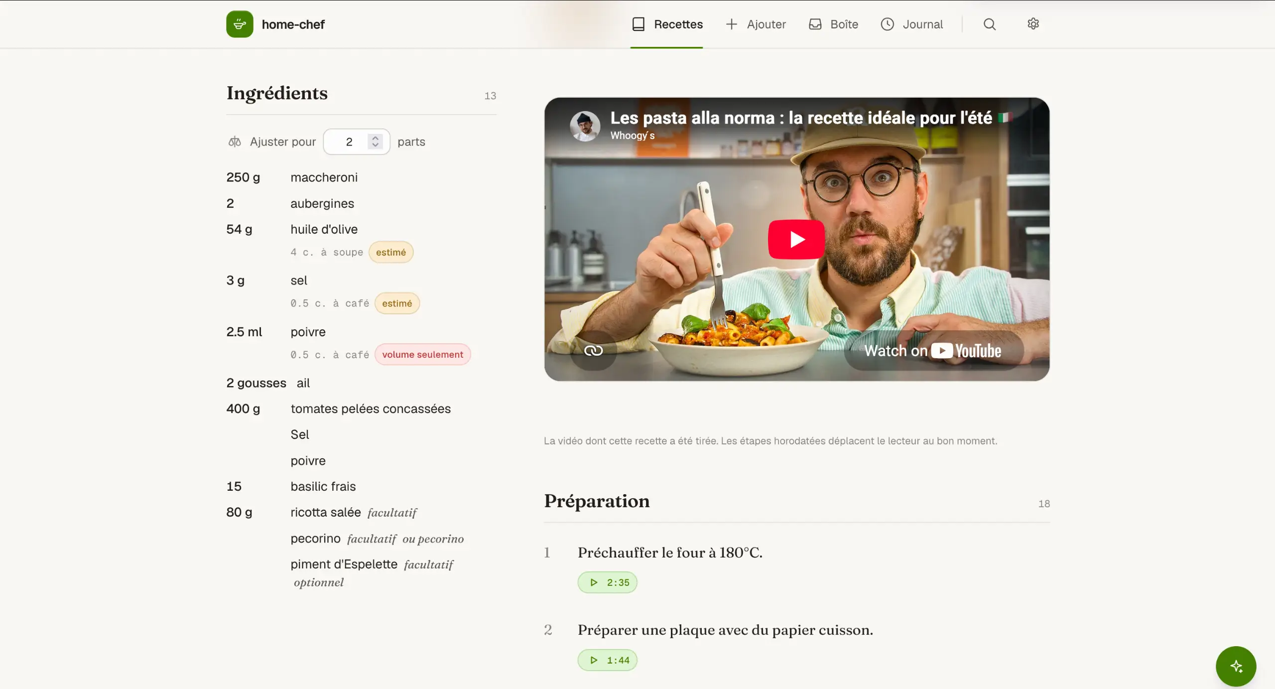 Une page de recette facilement importée depuis une vidéo Youtube, mesurant en tasses d’un côté, la même recette en grammes et en °C de l’autre.