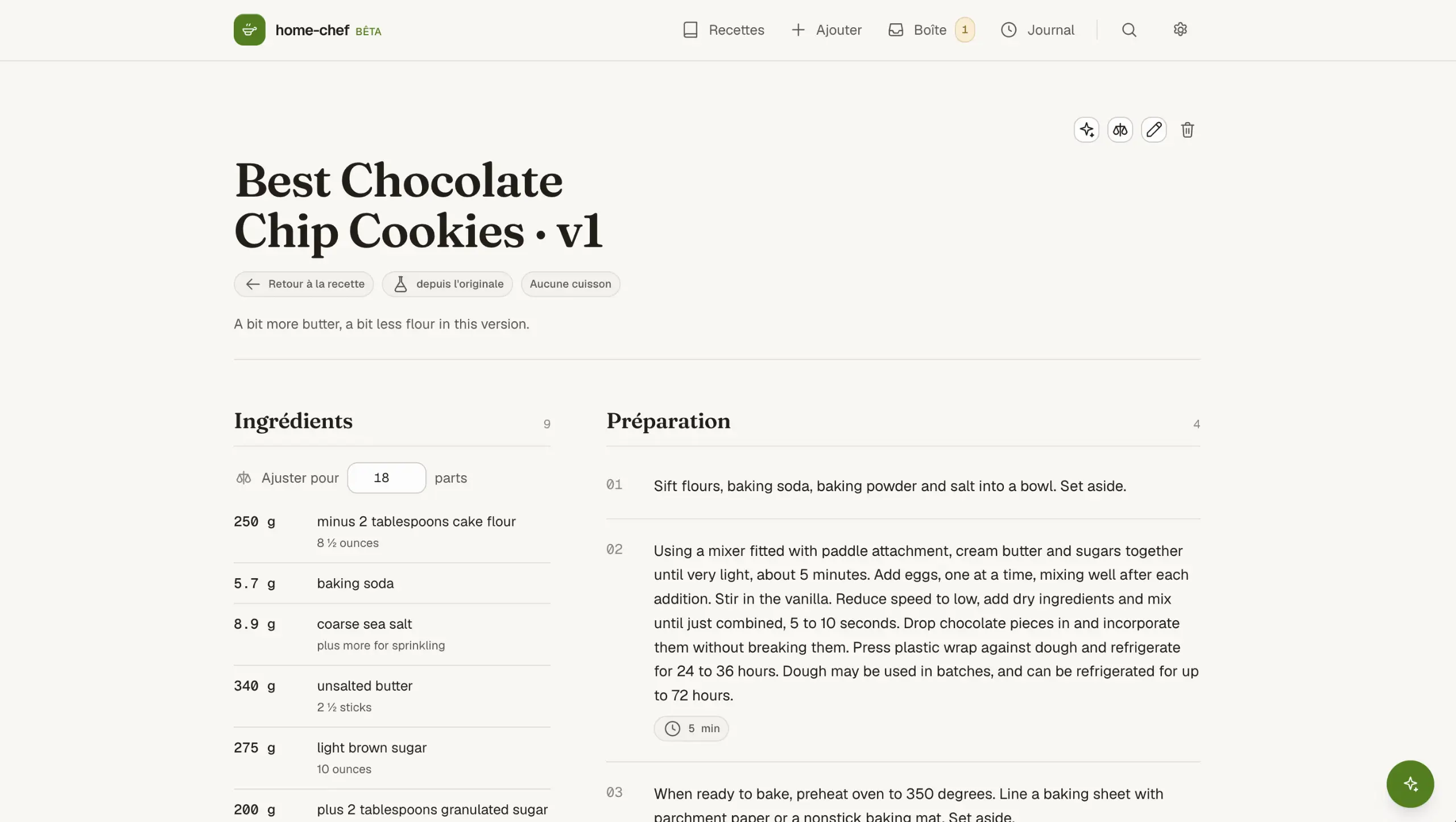 A version of a cookie recipe: what changed from the original, marked as a success, and set as the version the recipe shows.