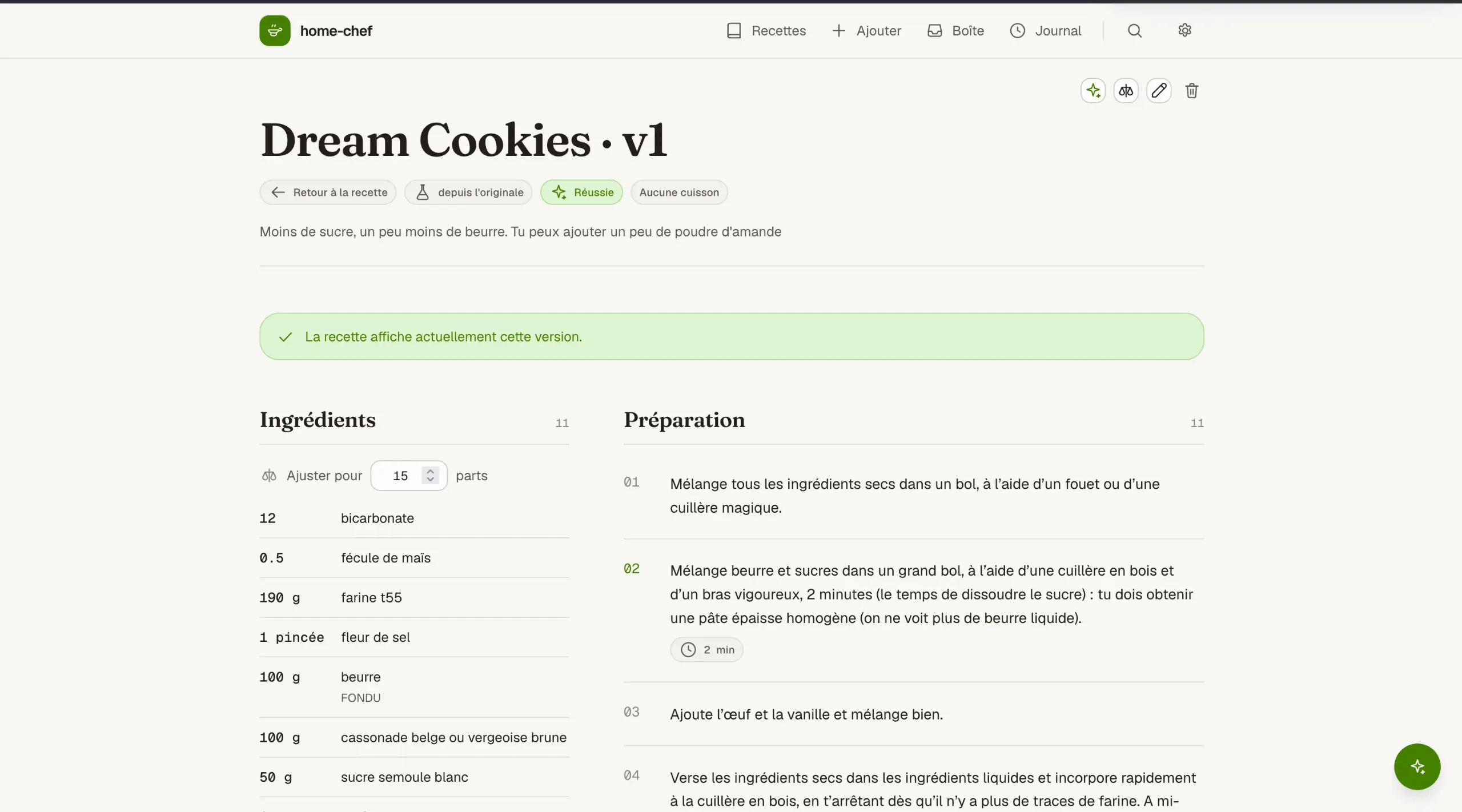 Une version d’une recette de cookies : ce qui a changé depuis l’originale, marquée réussie, et affichée comme la version de la recette.